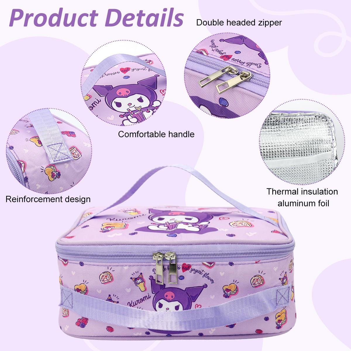 HASTHIP Cotton Kuromi Insulated Bento Box Lunch Bag 11.4x8.3x3.9 in with Dual Handles for Work and School | Waterproof Purple Bag for Kids and Adults