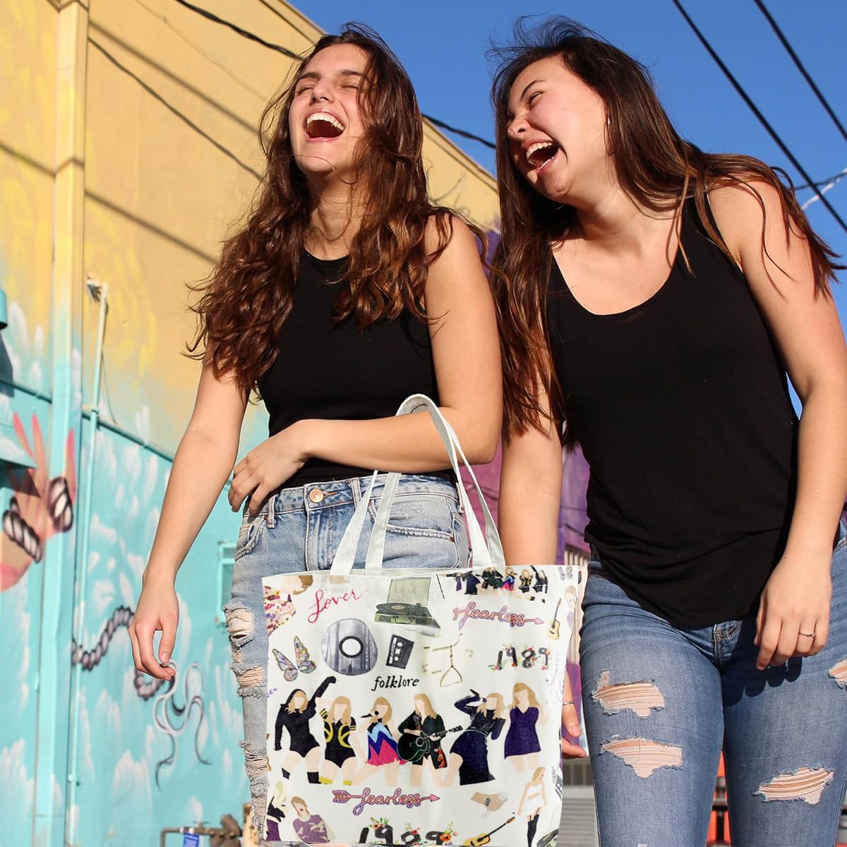 Zibuyu Girls Canvas Tote Bag for College with Secure Zipper Pocket 45x35x10 cm | White Shopping Tote