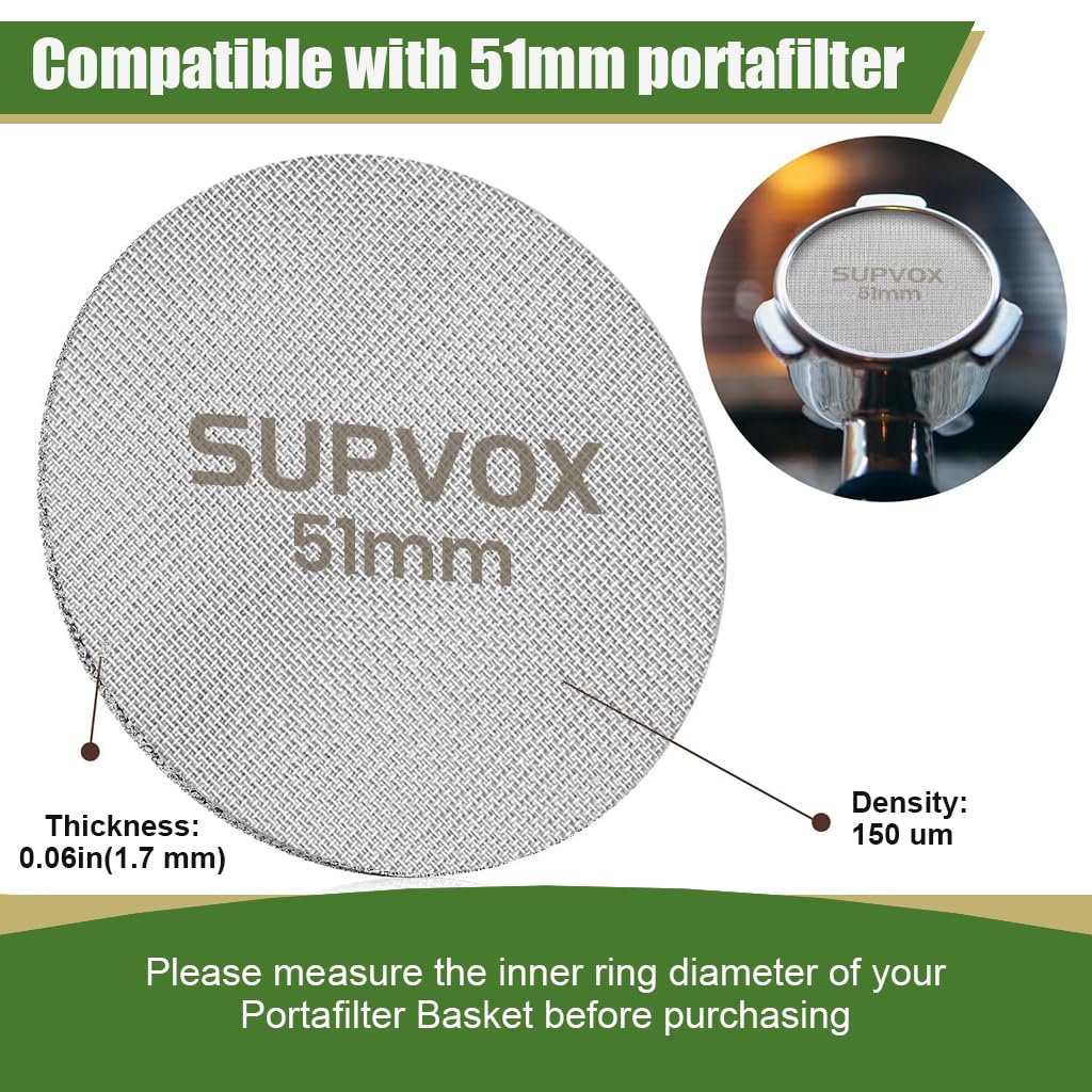 Supvox® 51mm Reusable Puck Screen for Espresso Portafilter 1.7mm Thickness 150m 316 Stainless Steel Screen Filter Basket Compatible with Espresso Machine