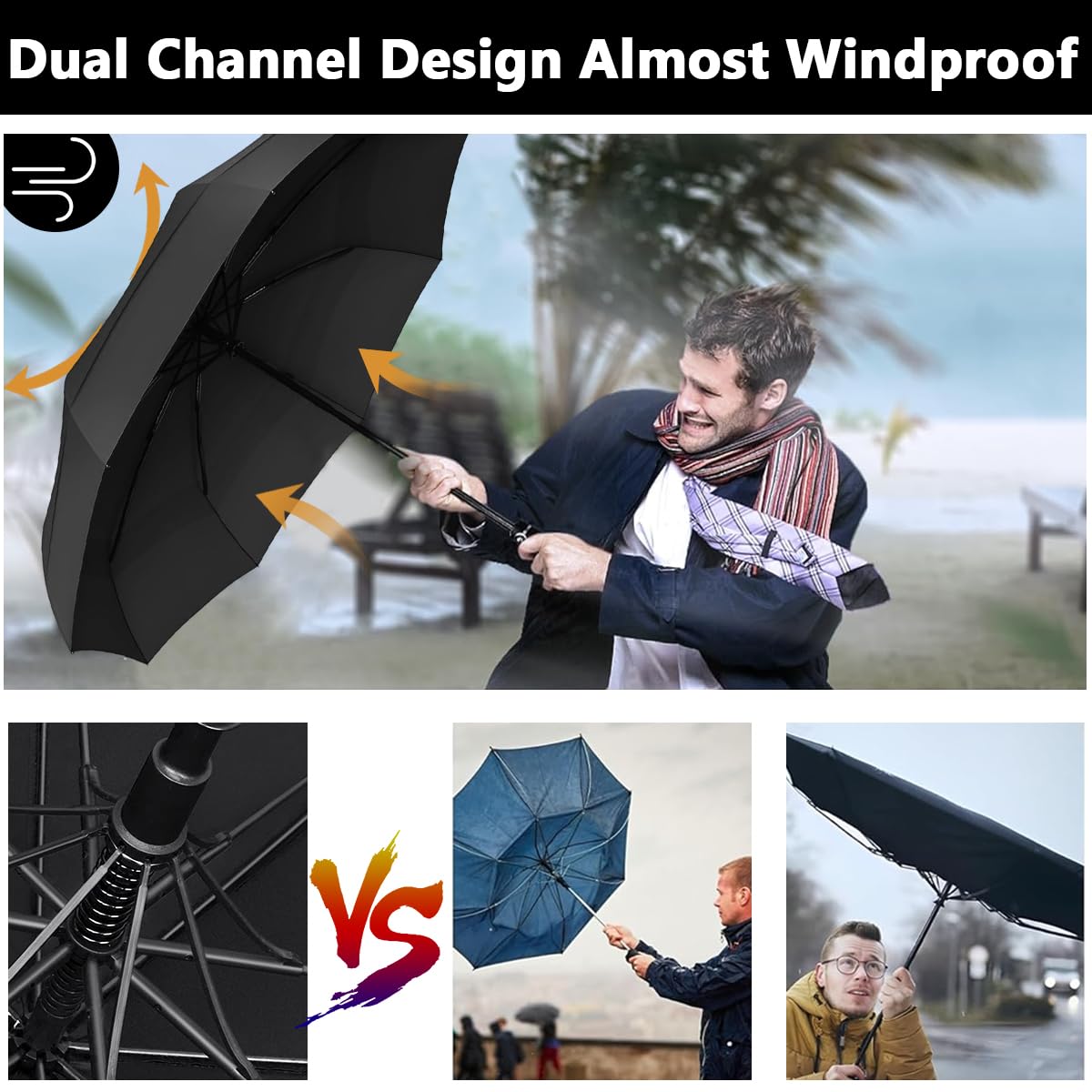 HASTHIP Big Umbrella for Men with 52 in Canopy and 8 Vent Windproof Design | Black Golf Use