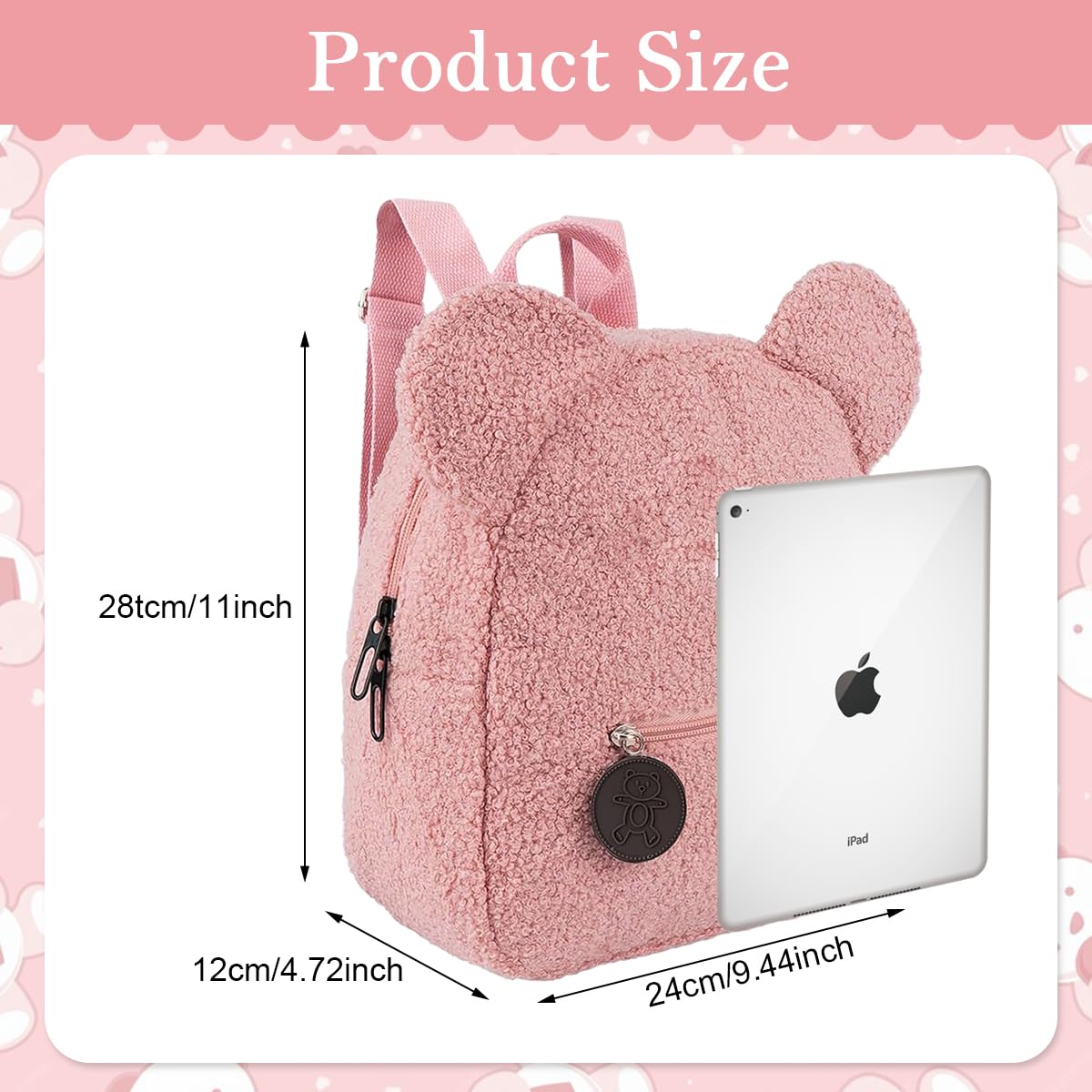 PATPAT Kids Backpack for Girls with Adjustable Straps 28x27x13cm Pink Bear Plush | Cute Kawaii Daypack