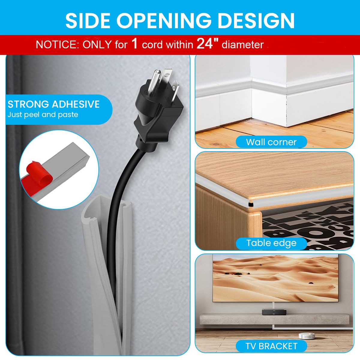 Serplex Cord Cover for Floor and Wall Cable Management with 6.6ft Length & Side Open Design