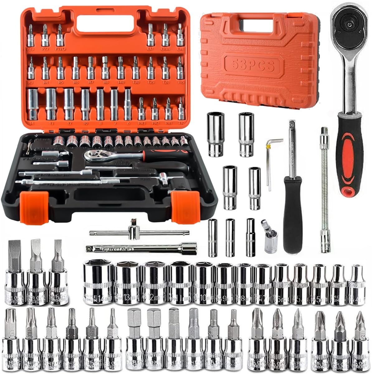 Serplex® 53 Pieces 1/4 inch Drive Socket Ratchet Wrench Tool Set with Bit Socket Set Metric and Extension Bar for Auto Repairing and Household, with Storage Case