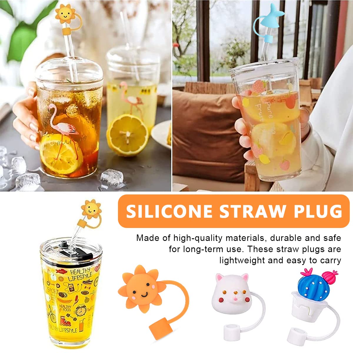 HASTHIP Silicone Straw Tips Cap for 6–8 mm Reusable Straws with Anti-Lost Loop | 6pcs Dustproof Cartoon Lids for Kids