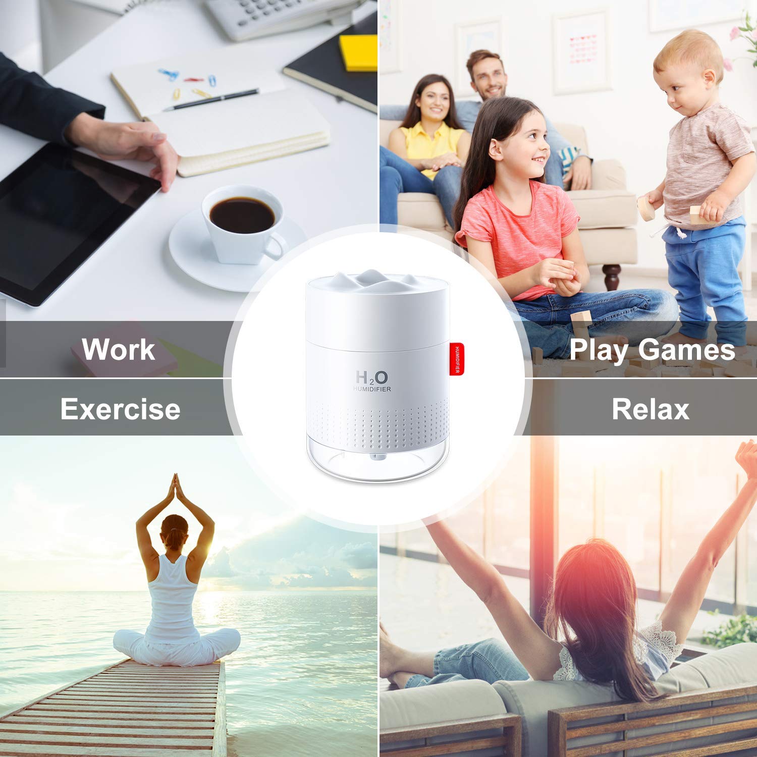 HANNEA® 500ml Mini Silent Humidifier Household Car Humidifier Desktop Humidifier with Atmosphere Light Car Office Kids Room Bedroom Auto Shut-Off, 2 Spray Modes,LED (white)