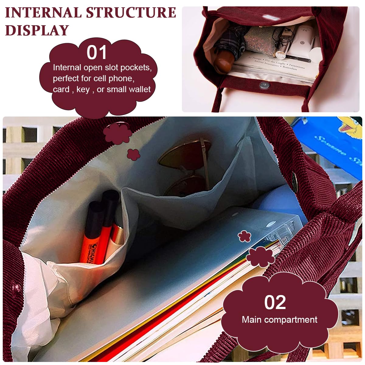 PALAY Tote Bag for Shopping and Commuting with Snap Button Closure 12.5x4.3x15.3 in Corduroy Burgundy