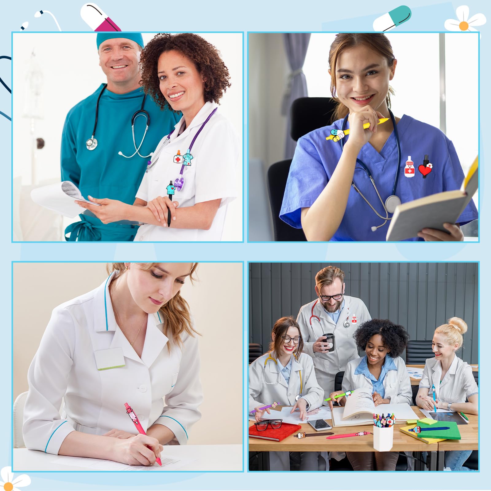 Climberty Nurse Writing Pens 6Pcs Set with Retractable Click Design and Medical Charms | Colorful Stationery for Office or School