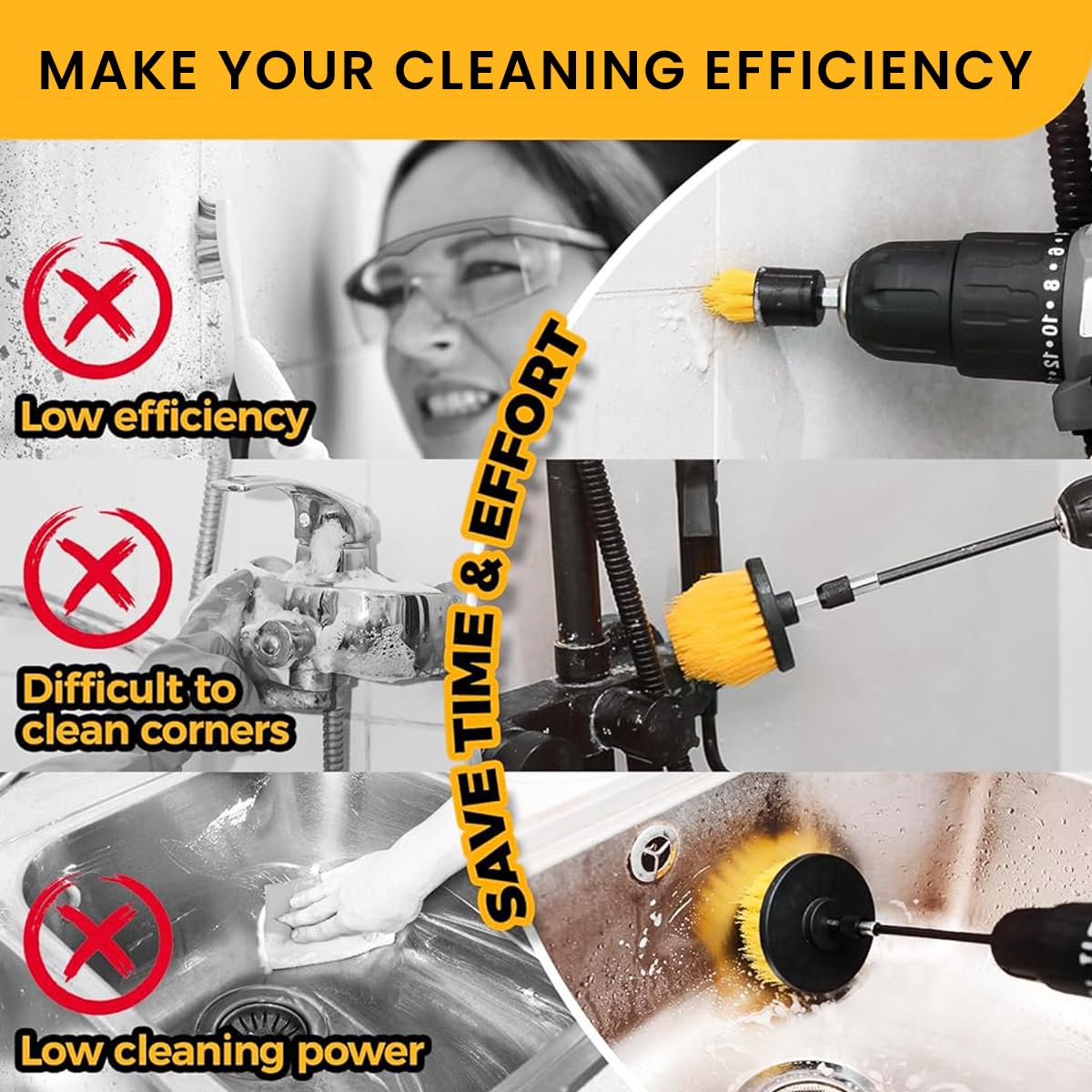 STHIRA Drill Brush Attachments Set with 11 Pcs for Power Drill Cleaning | Flat Hard Bristle Brushes and Scrub Pads