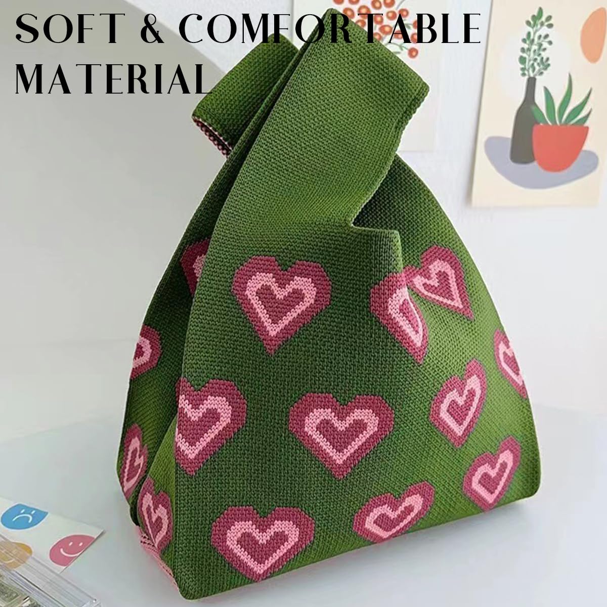 Zibuyu Wristlet Bag for Women featuring Pink Heart Knitted Design and 20x36cm Size | Soft Polyester Small Tote
