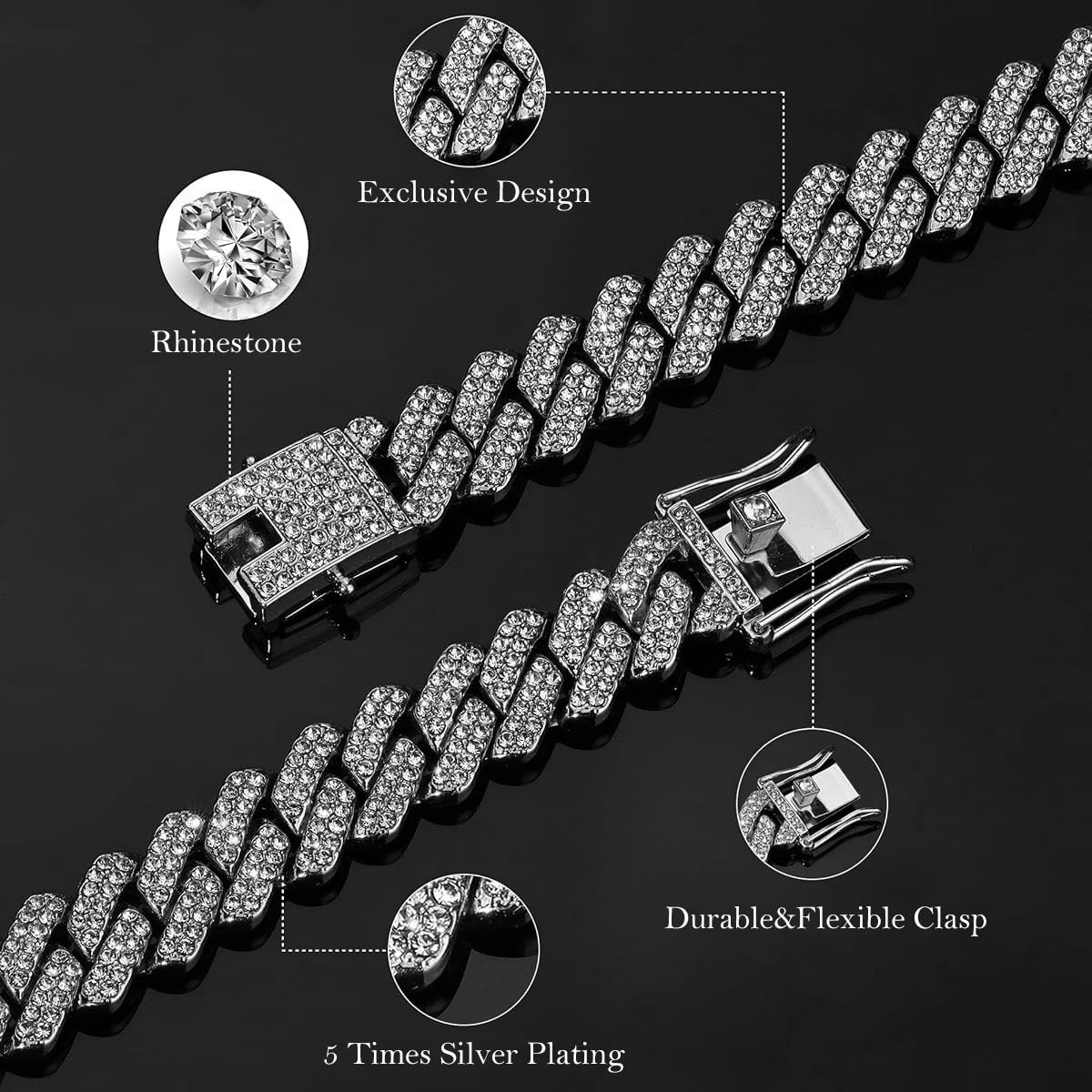 Zibuyu Chain for Men with 13mm Cuban Zircon Links and Platinum Silver Finish | 19.6 inch Necklace