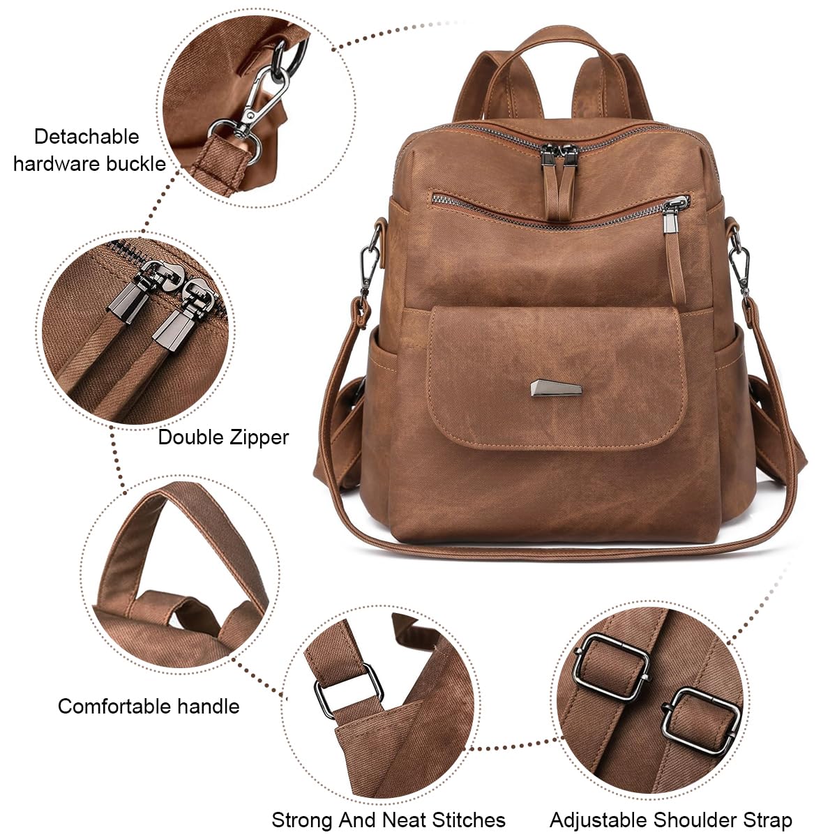 PALAY PU Leather Backpack for Women with 12x11 in Capacity and Back Zipper Pocket | Brown 3 PCS Set