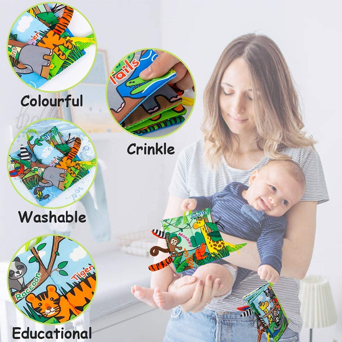 SNOWIE SOFT  Cloth Books for Babies, Comfortable Infant Kids Early Development Cloth Book 3D Animals Tails Crinkle Sensory Touch and Feel Book Learning Educational Baby Toys