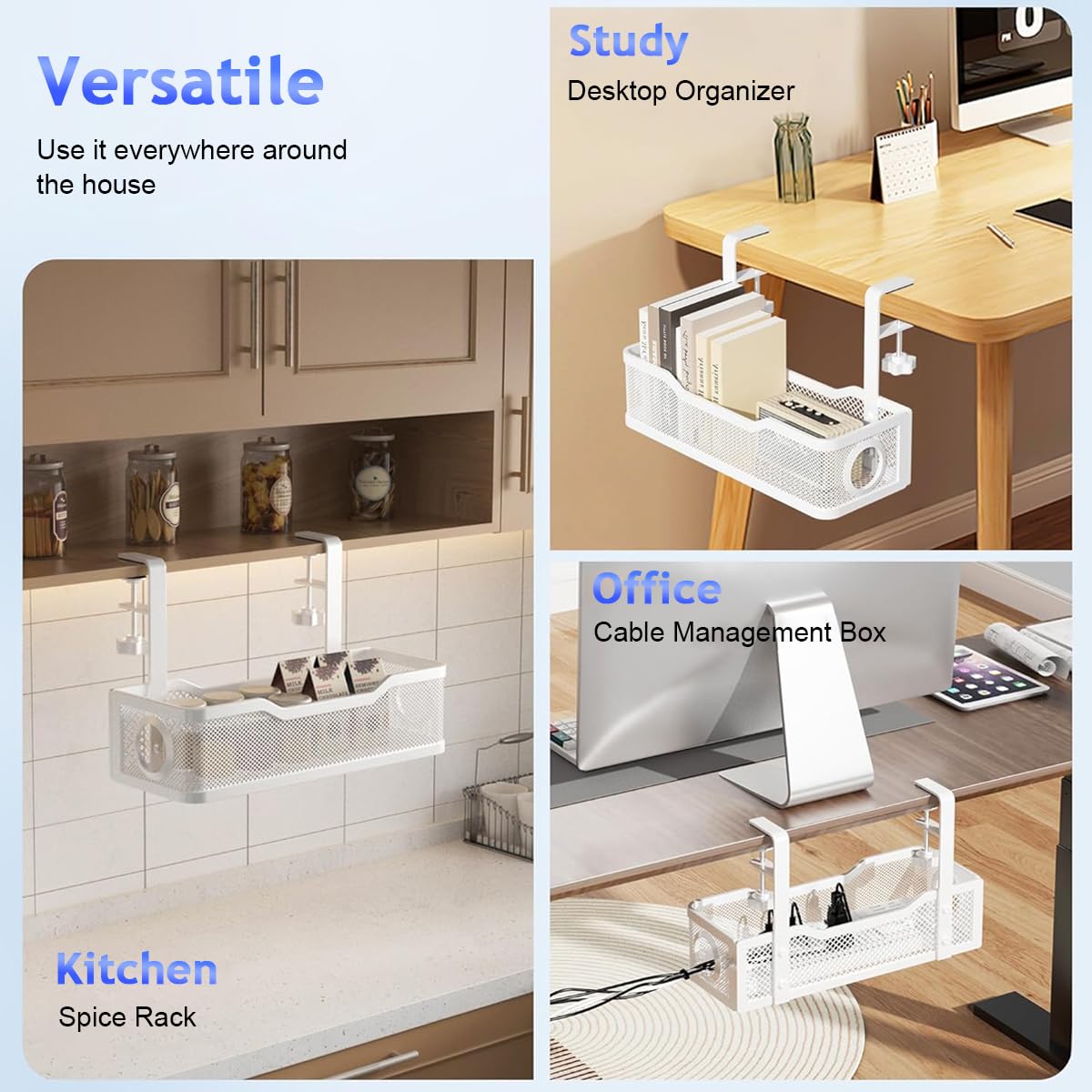 Climberty Under Desk Cable Management Tray with Clamp for Office Use 13x4.7x3.1 in White