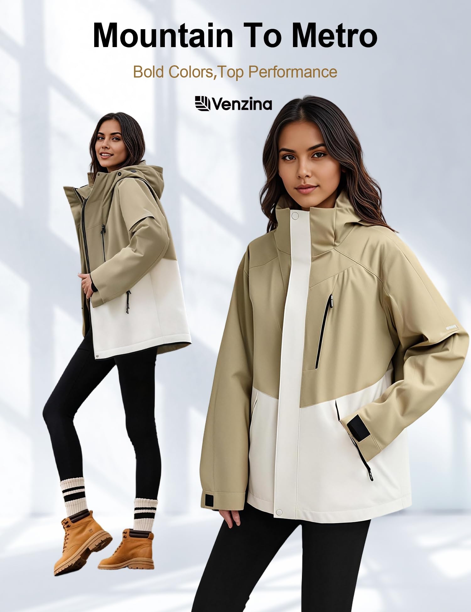 Venzina Women's Water Repellent Jacket for Hiking and Daily Commute with Reflective Design | Lightweight Breathable Windbreaker in Light Khaki