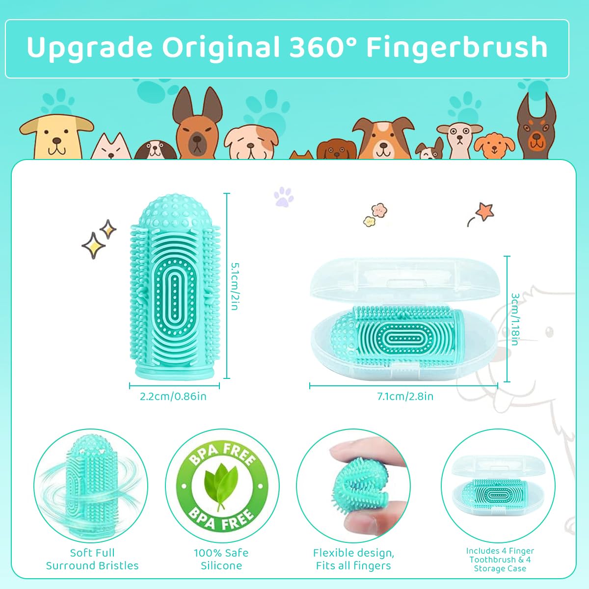 Qpets® Dog Toothbrush, Dog Finger Toothbrush with Storage Case, Pet Teeth Cleaning Set Soft Silicone Finger Toothbrush Protecting Cat Dog Dental Health Pets Oral Care Supplies, Green