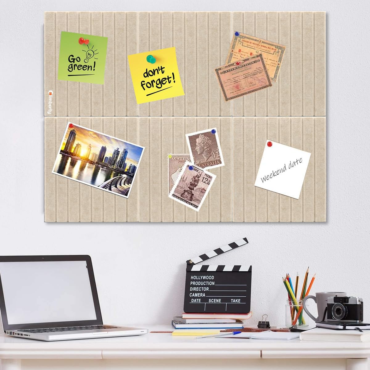 Climberty Felt Board Bulletin Board for Home or Office with 6 Panels and 50 Pushpins | Beige 30x30 cm Self‑Adhesive Wall Organizer