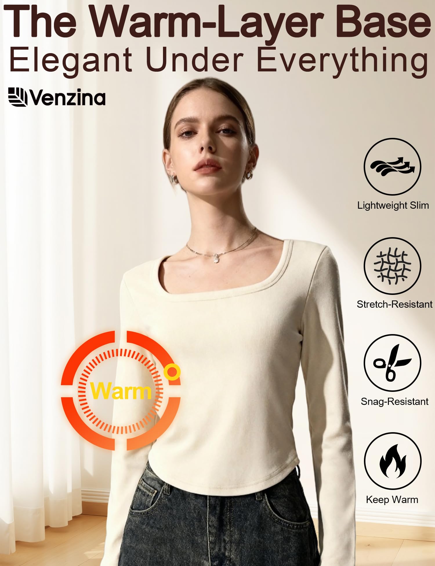 Venzina Women's Thermal Top with Double-Sided Fleece for Fall and Winter | Soft Slim Fit Base Layer