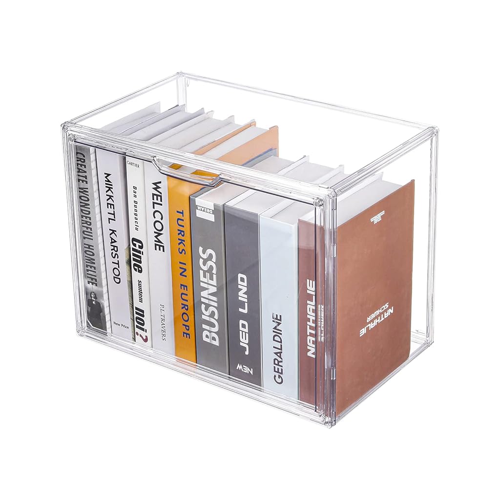 HASTHIP® Clear Book Storage Organizer Box, Plastic Stackable Book Display Case with Door, Assemble Storage Showcase for Dolls, Books, Handbags, Shoes Organizing
