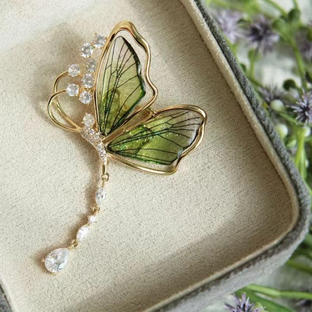 SANNIDHI Butterfly Brooch for Women with Green Wings and Rhinestone Tassel | Elegant Alloy Pin for Dress Blazer or Suit