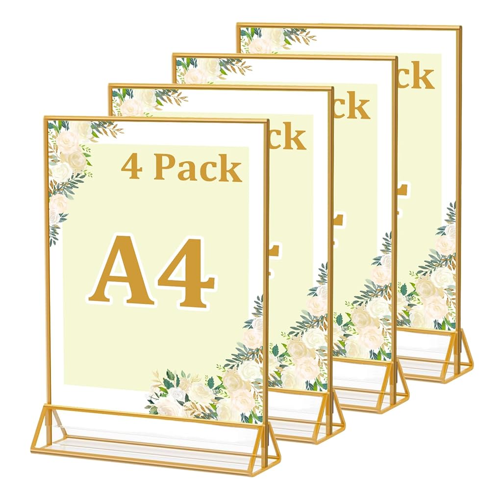 Climberty® 4Pcs Acrylic Sign Holders A4-Sized Golden Framed Sign Holder Double-sided Clear Advertising Flyers Display Stand Table Menu Holders