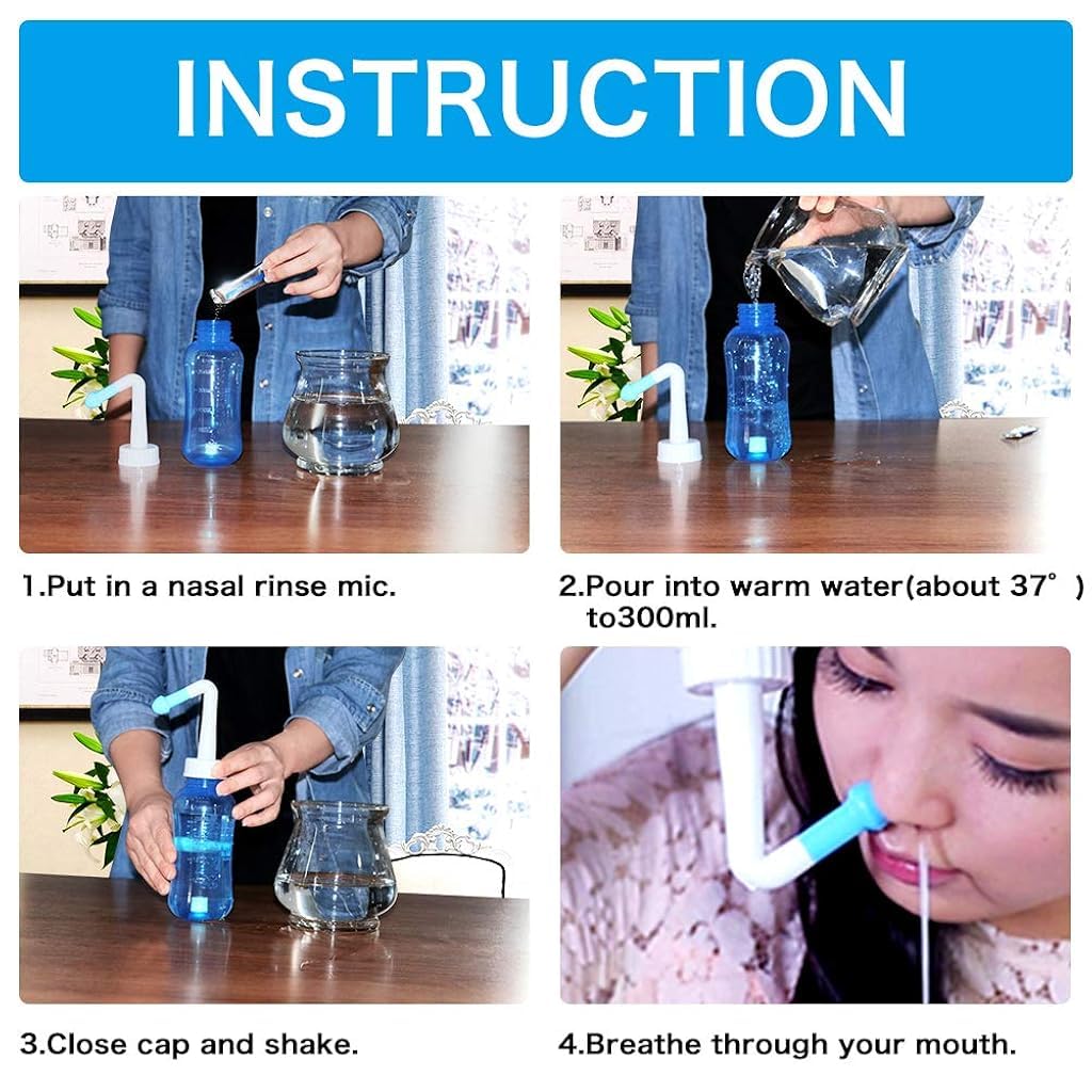 HANNEA Neti Pot for Sinus Rinse with 300 ml Capacity and Patented Flow Button | Includes 30 Salt Packets