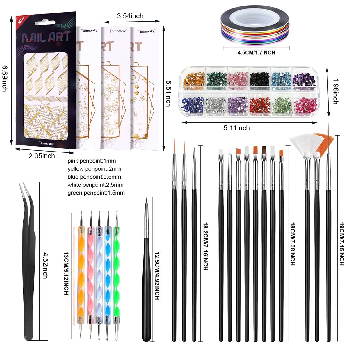 MAYCREATE Nail Art Kit for Girls with 15 Brushes 5 Rhinestone Pens and 10 Striping Tapes | 3D Stickers and Glitter Decorations for DIY Nails