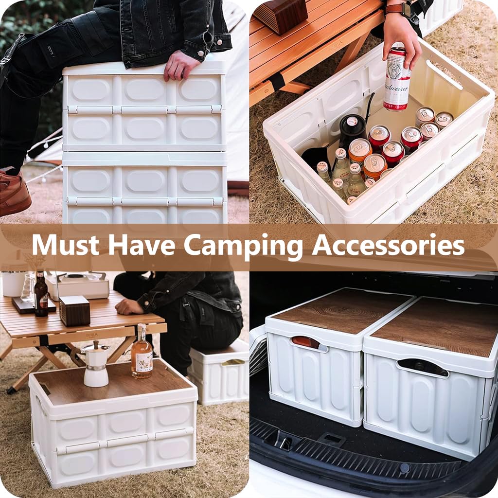 Proberos Camping Storage Box for Outdoor and Car with 30L Capacity and Detachable Wooden Lid | Eco-Friendly PP Organiser