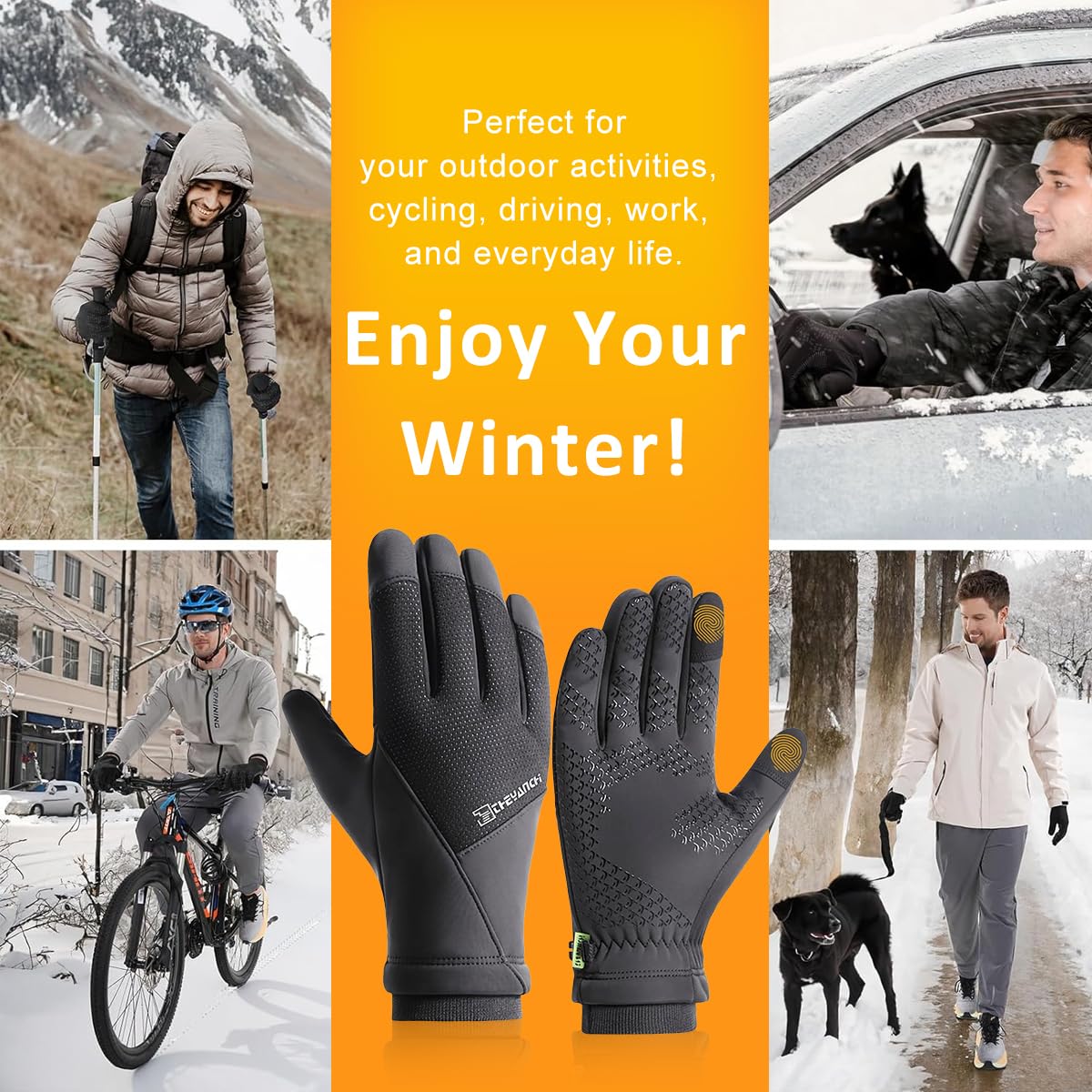 GUSTAVE® Winter Riding Gloves Outdoor Thermal Gloves with Touch Screen Finger Tips Anti-slip Palm Design Winter Outdoor Fashion Hand Gloves for Cycling, Fishing, Running, XL