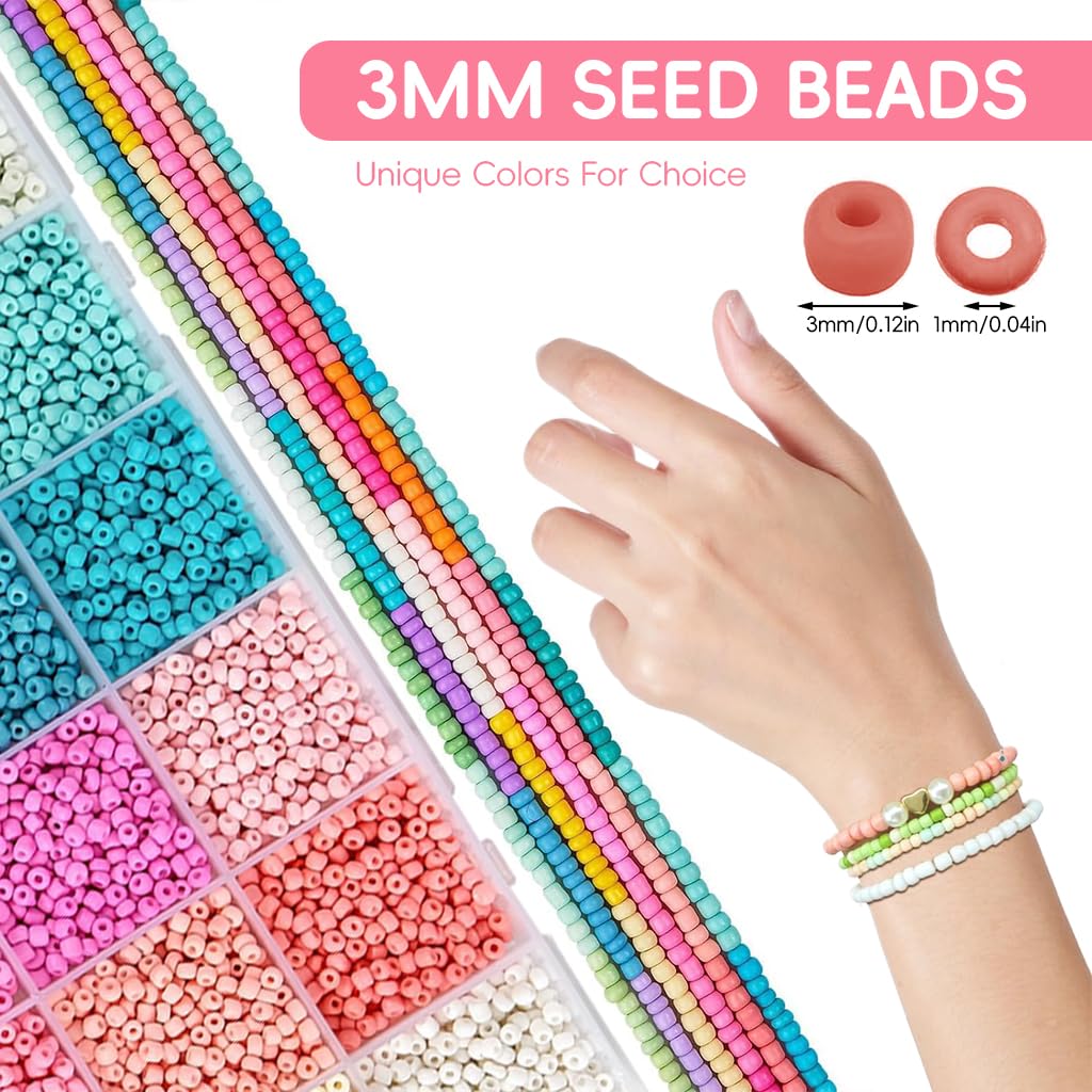 SANNIDHI Seed Beads Set for DIY Bracelet Making with 7200pcs 3mm Glass Beads | 24 Colors and Letter Charms