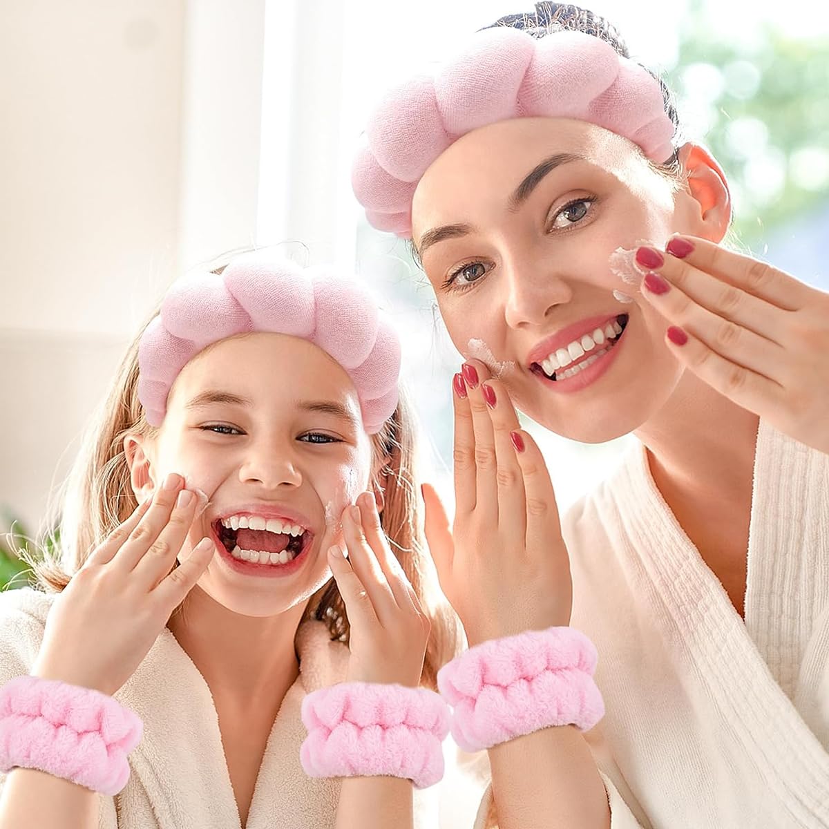MAYCREATE Spa Headband for Face Washing and Skincare featuring Sunflower Sponge | Pink Set with Wrist Washbands for Women and Girls