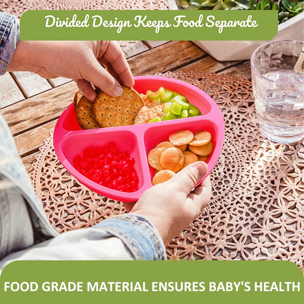 SNOWIE SOFT Baby Suction Plates for Feeding with 4 Strong Suction Cups and Lid | Silicone Divided Toddler Dish Safe for Microwave and Dishwasher