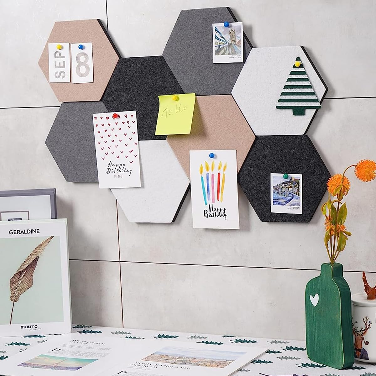 Climberty Hexagon Bulletin Board for Home and Office with 8pcs Felt Tiles & 30 Thumbtacks | Self Adhesive Design