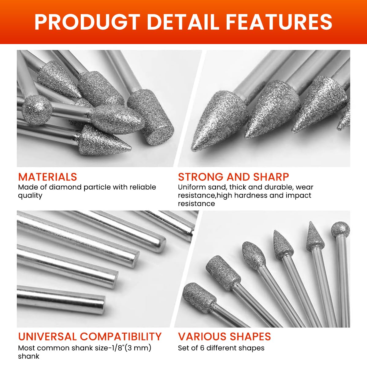 Serplex Diamond Drill Bit Set for Stone Carving with 20PCS and 1/8 inch Shank | 6 Designs
