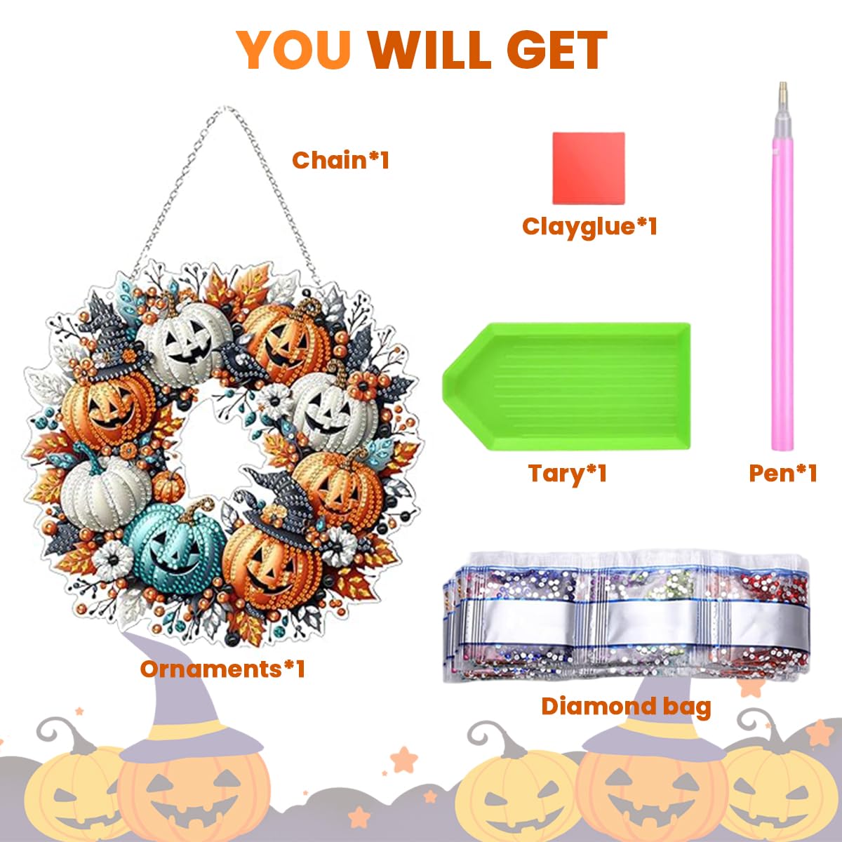 PATPAT DIY Halloween Ornament Diamond Art Craft Kit for Room Decor featuring 9.4 in Pumpkin Design | Sparkling Door Hanging Wreath