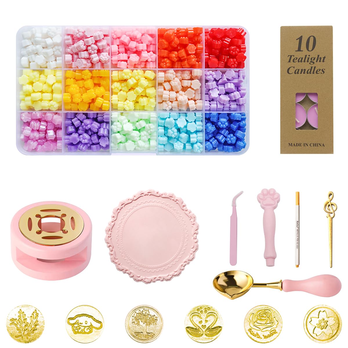 HASTHIP® Wax Seal Stamp Set - 15 Multicolor Beads, 6 Stamps, Pink Cat Claw Handle, Warmer, Spoon, Tweezers, 10 Tealights, Silicone Mat, Craft & DIY Gift Kit for Personalized Invitations & Packaging