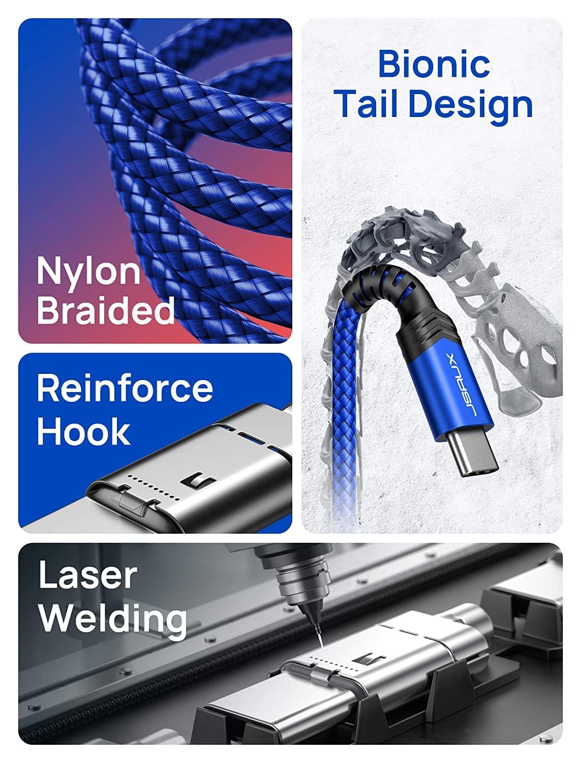 JSAUX USB A to Type C Cable for Samsung and PS5 featuring 3.1A Fast Charge 3-Pack 3.3ft 6.6ft 10ft | Nylon Braided with 3D Aluminum Connector