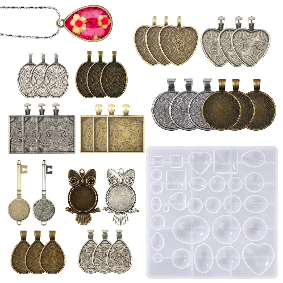 HASTHIP Resin Molds Set for DIY Jewelry Making with 35 Pcs and 7 Style Metal Pendant Trays