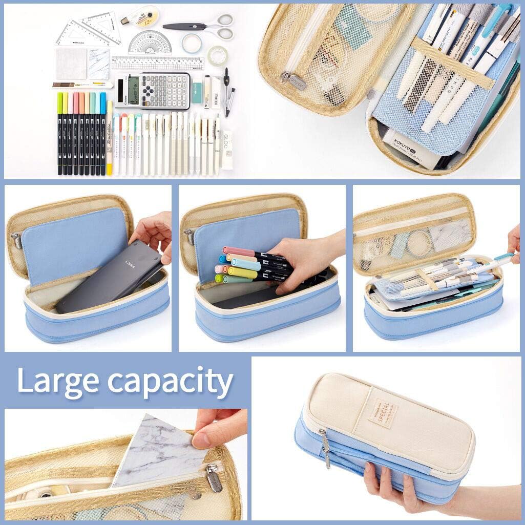 HASTHIP Pencil Case with Multiple Compartments and Double Zipper for College | Pink Large Capacity