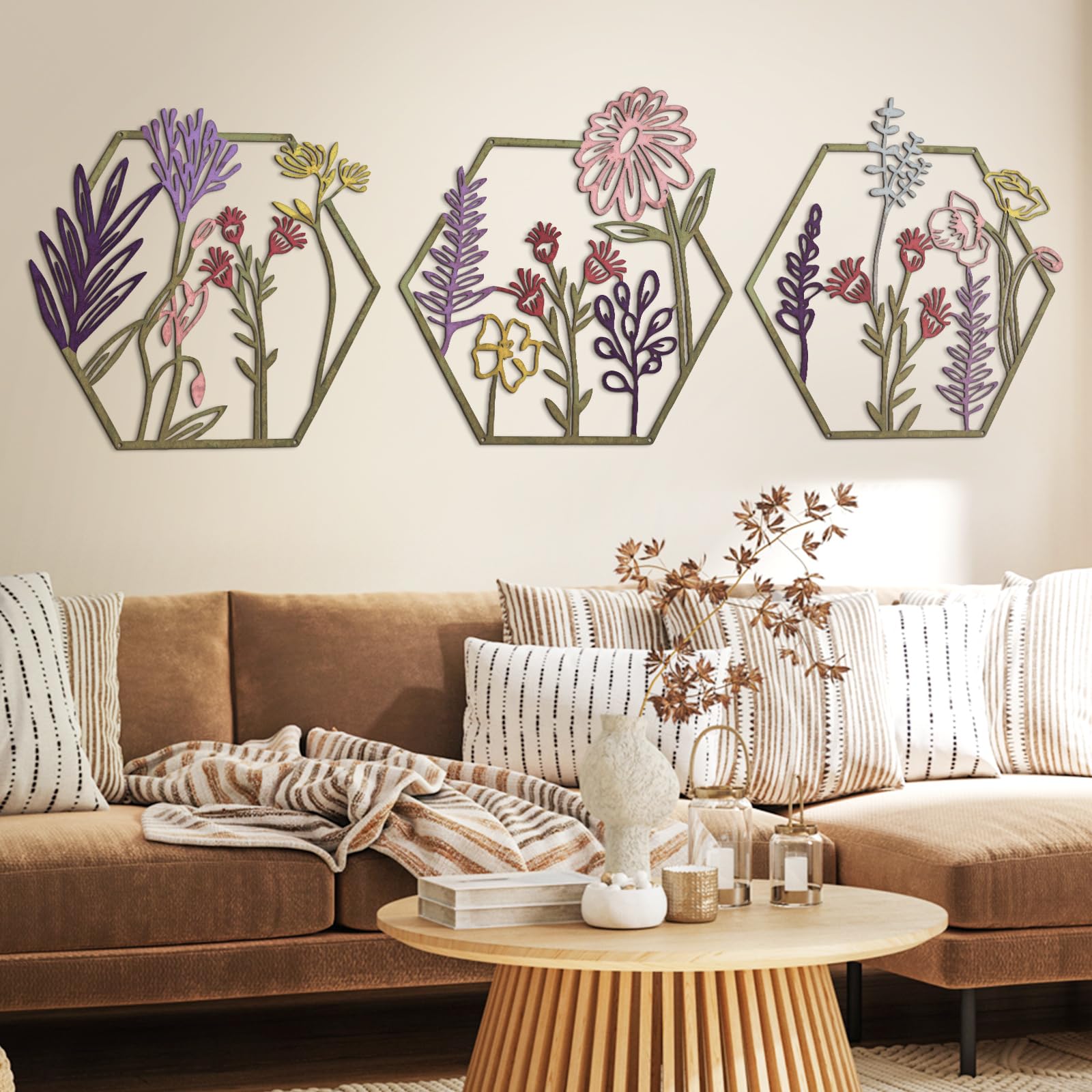 HASTHIP® 3Pcs Modern Colorful Floral Hexagon Wall Decor, Wrought Iron Metal Wall Hangings Set, 32x32cm Cut-Out Art Decorative Wall Decor Items for Living Room, Bedroom & Office
