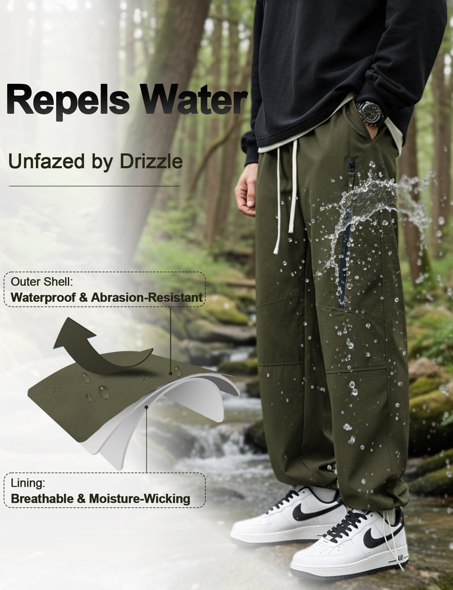 Venzina Men's Techwear Pants for Commuting and Travel featuring 2-Way Ankle Design | Waterproof Quick-Dry Army Green Joggers
