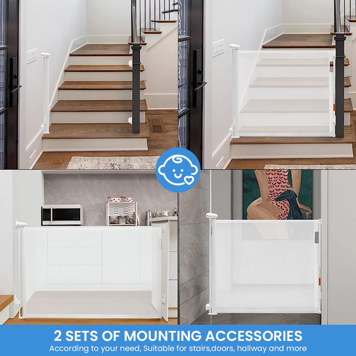 SNOWIE SOFT Retractable Baby Gate for Door and Stair with Pet Door 33 in Tall 55 in Wide | No Drill Reel Design Mesh Safety Barrier