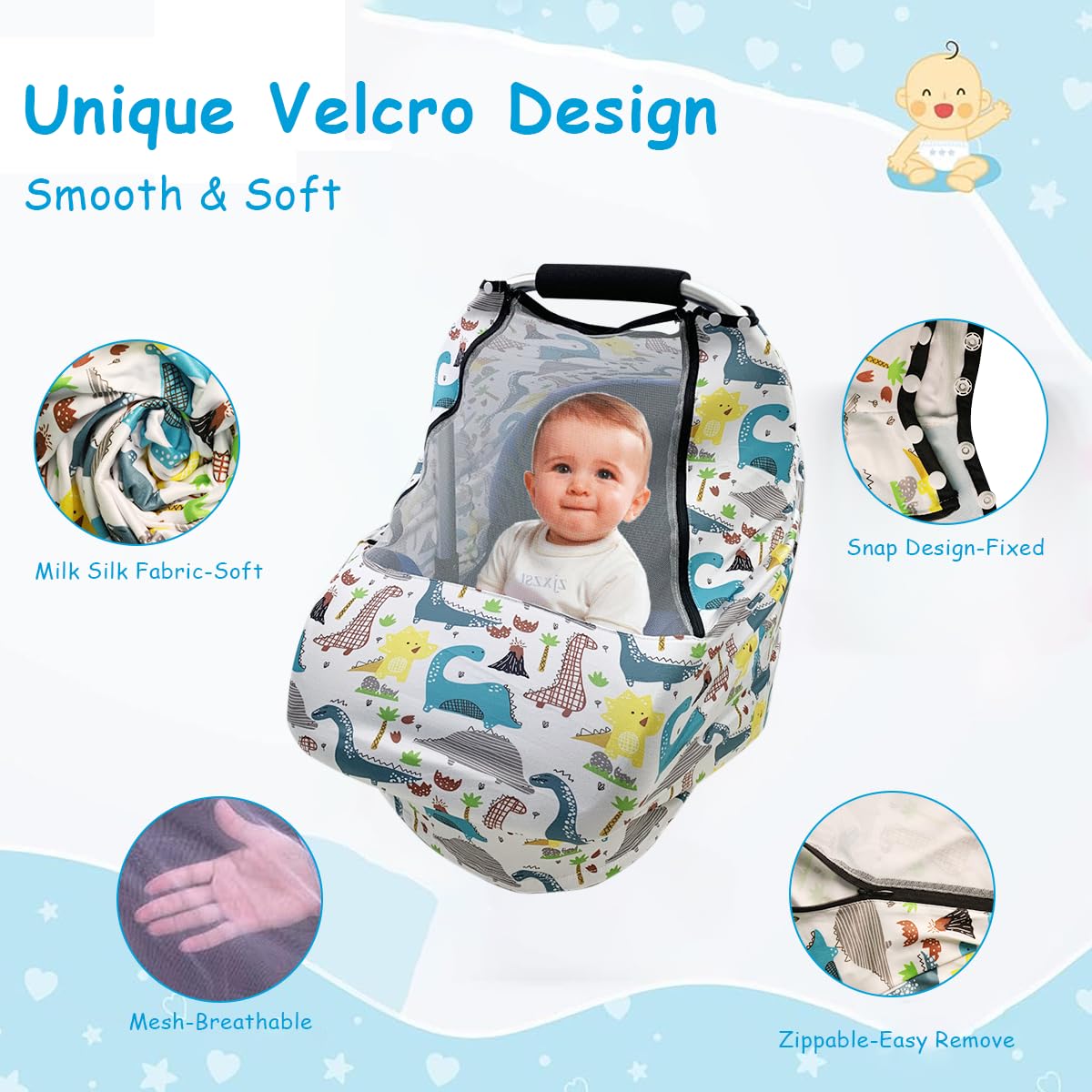 SNOWIE SOFT® Baby Car Seat Covers with Breathable Mesh Window, Baby Cart Sunshade Multifunction Baby Stroller Cover Breastfeeding Cover Shawl Nursing Cover Stretchy Stroller Canopy Universal Fit White