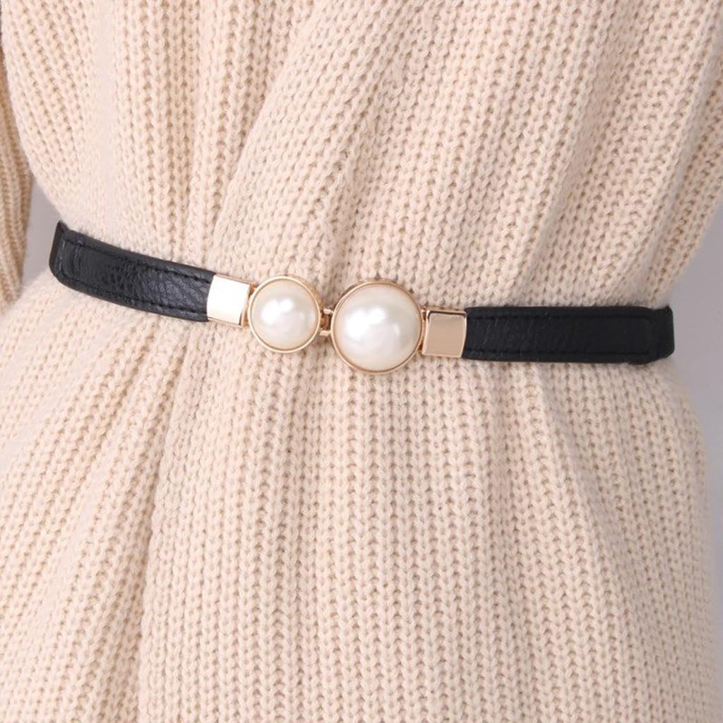 Zibuyu Womens Skinny Stretchy Waist Belt with Gold Pearl Buckle for Dresses and Formal Outfits