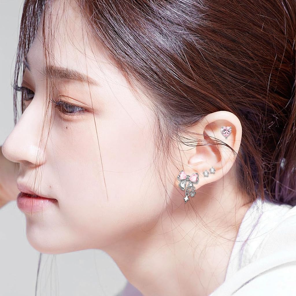 SANNIDHI Earrings Set for Women featuring 3 Pairs Stainless Steel Pink Rhinestone Bows | Hypoallergenic Studs for Multiple Piercings