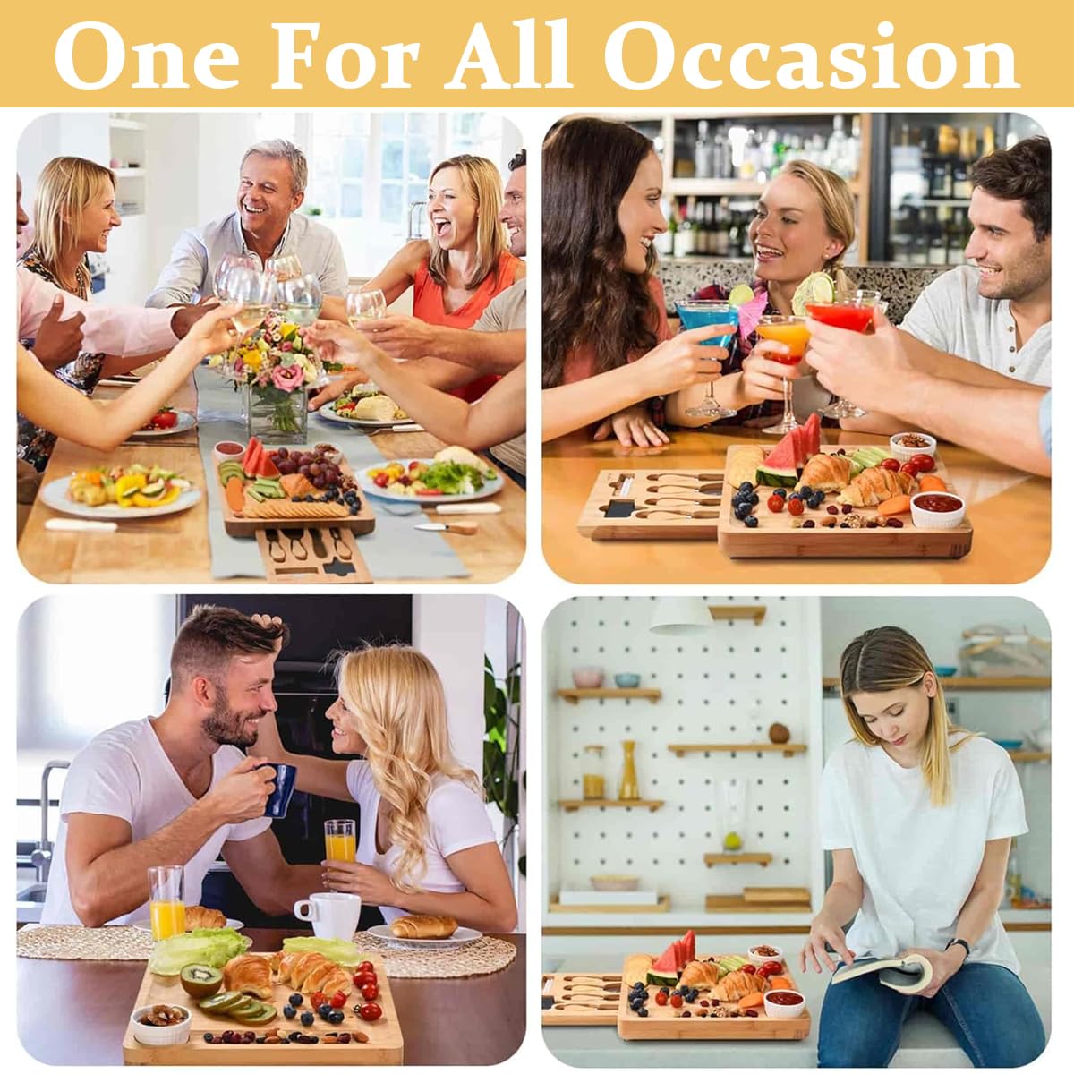 Supvox Bamboo Charcuterie Board Set for Parties with Knife Kit and Ceramic Bowls | 33cm Square Eco Serving Tray