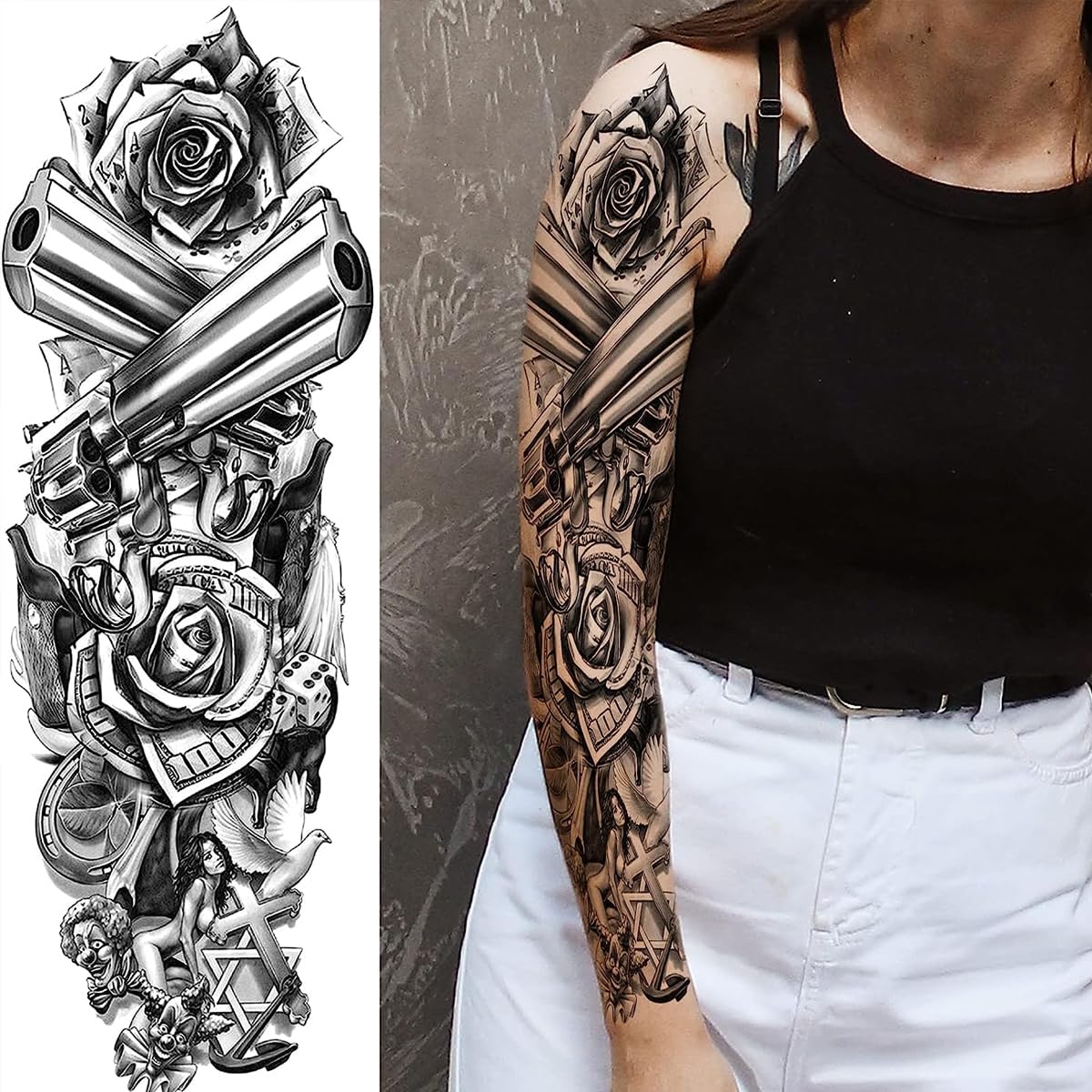 MAYCREATE Temporary Tattoos for Men and Women with 6 Waterproof 48×17 cm Sheets | Lion, Wolf and Skull Designs