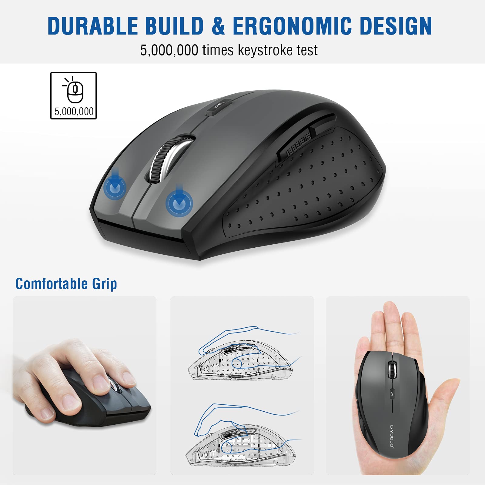 Verilux Wireless Mouse with Battery Level Indicator Rechargeable Optical Mouse Adjustable DPI 2.4GHz Quick Responce Ergonomic Design Mouse,with Page Scrolling Buttons for Laptop,PC