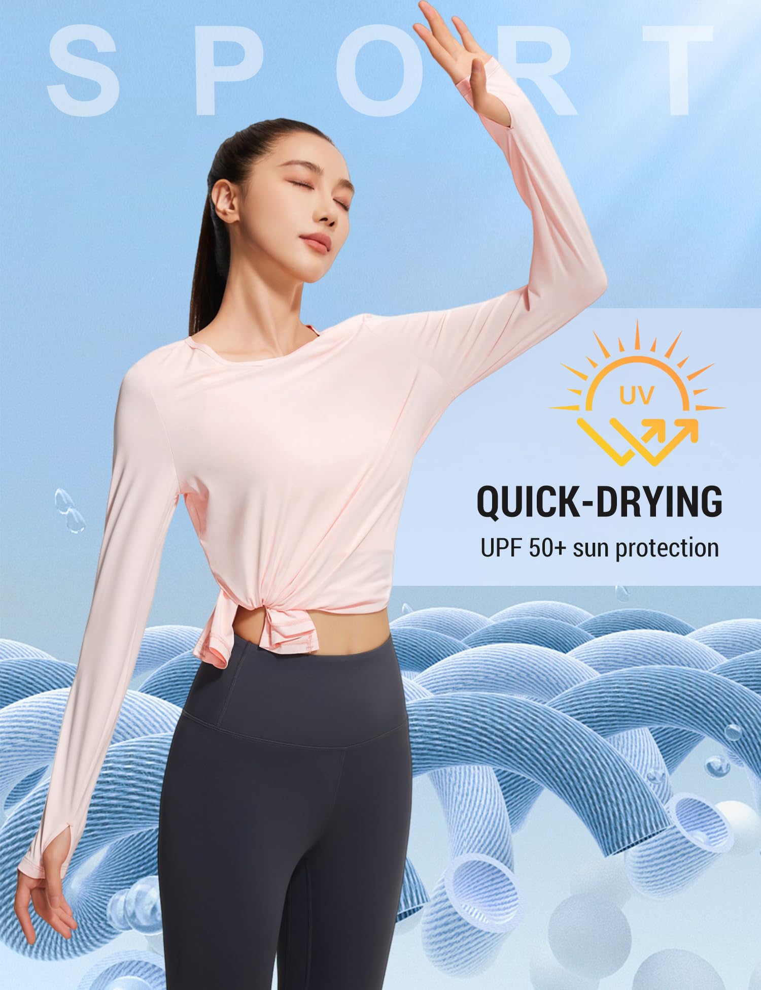 Venzina Women’s Slim Long Sleeve Top for Yoga and Running with UPF50+ and Thumbholes | Light Pink