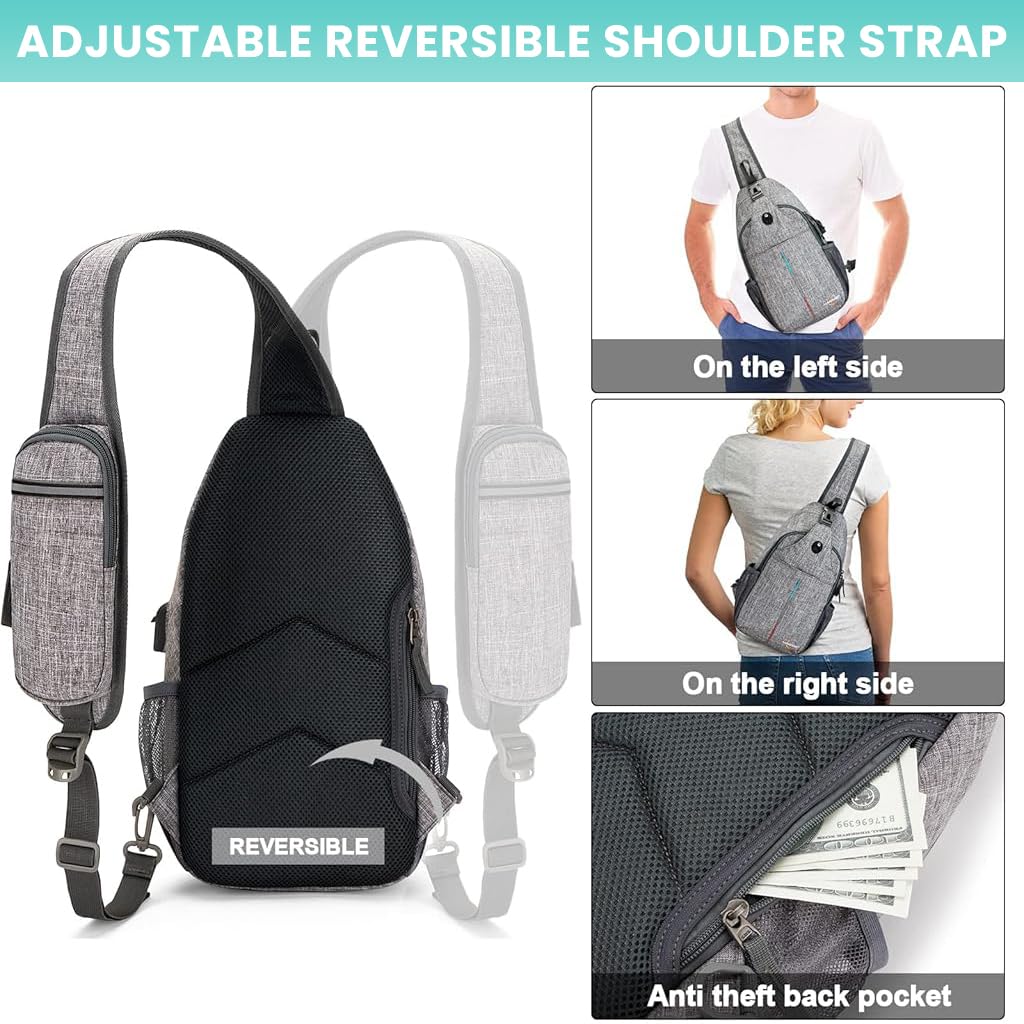 GUSTAVE Crossbody Bag for Travel and Hiking with 7 Inch Phone Pouch and Charging Port | Gray