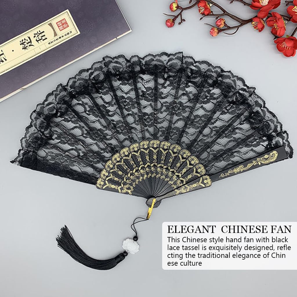 HASTHIP Hand Fan for Ladies with Black Lace Tassel and Folding Bamboo Frame | Elegant Chinese Style Gift